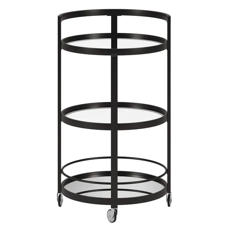 21" Black Steel and Glass Round Rolling Bar Cart