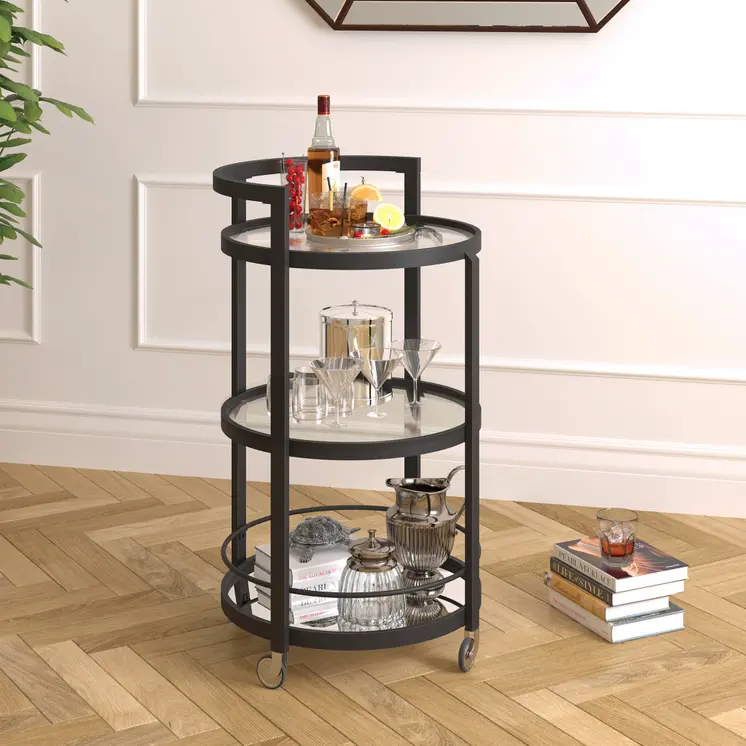 21" Black Steel and Glass Round Rolling Bar Cart