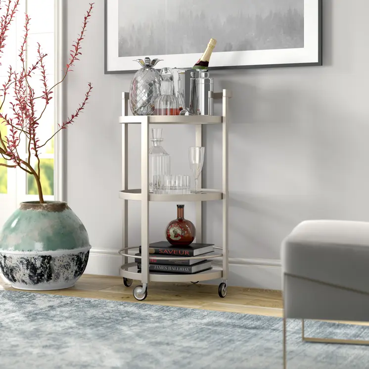 Nickel Steel And Glass Round Rolling Bar Cart