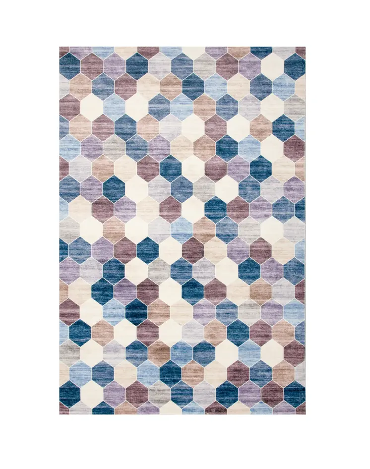 7' X 10' Ivory and Blue Geometric Distressed Area Rug