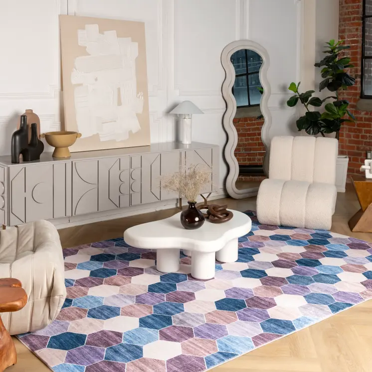 8' X 11' Ivory and Blue Geometric Distressed Area Rug