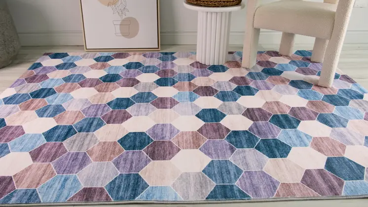 8' X 11' Ivory and Blue Geometric Distressed Area Rug