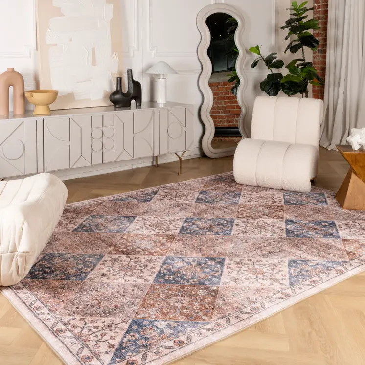 7' X 10' Brown and Blue Floral Distressed Area Rug