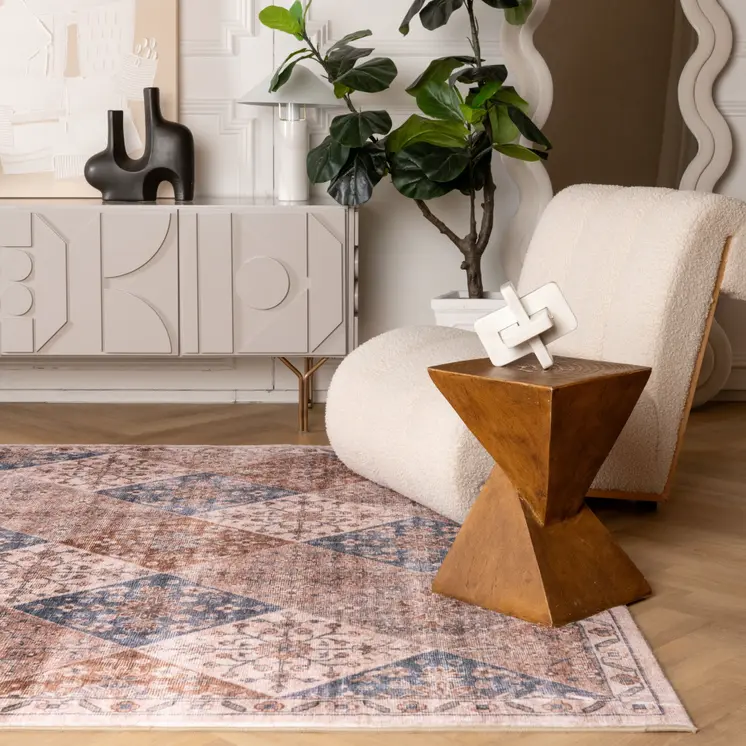 7' X 10' Brown and Blue Floral Distressed Area Rug