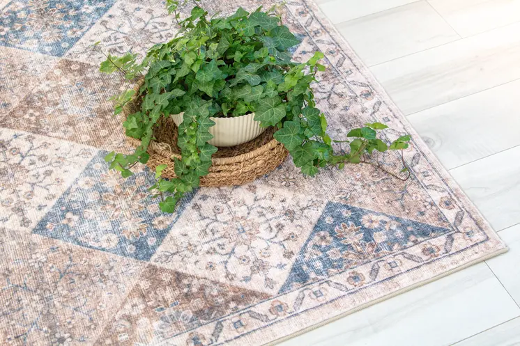 7' X 10' Brown and Blue Floral Distressed Area Rug