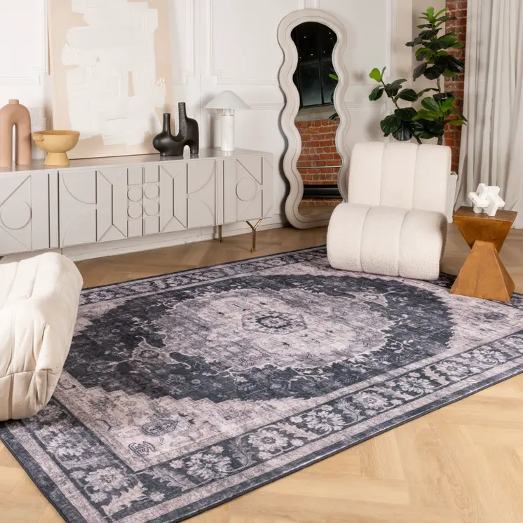 4' X 6' Black and Gray Oriental Area Rug
