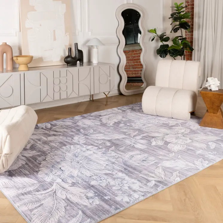 4' X 6' Gray and Beige Floral Area Rug