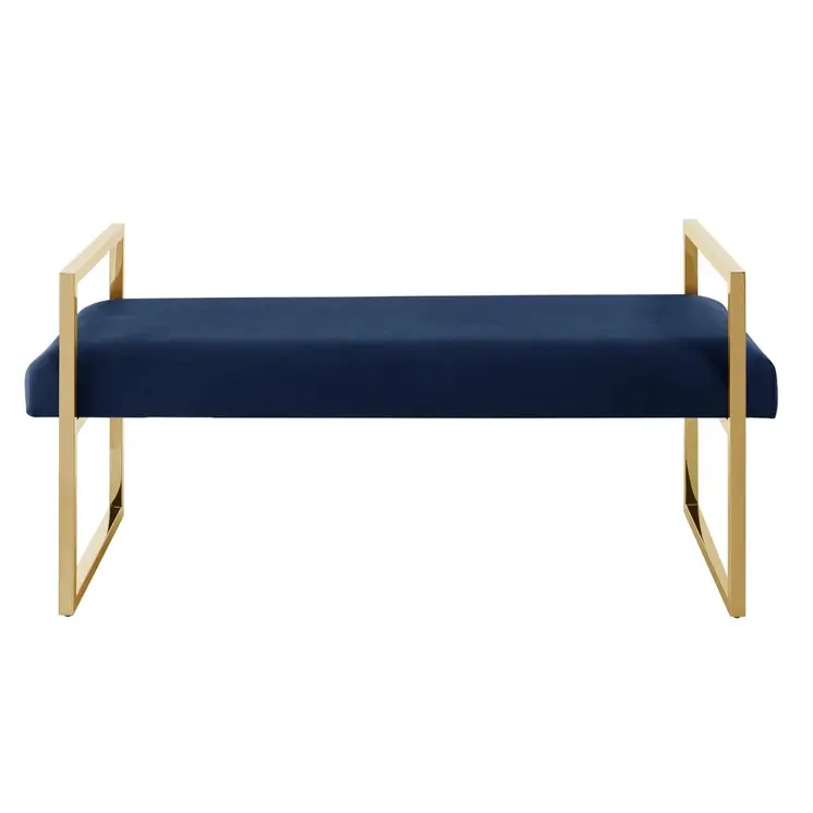 48" Navy Blue and Gold Velvet Upholstered Bench