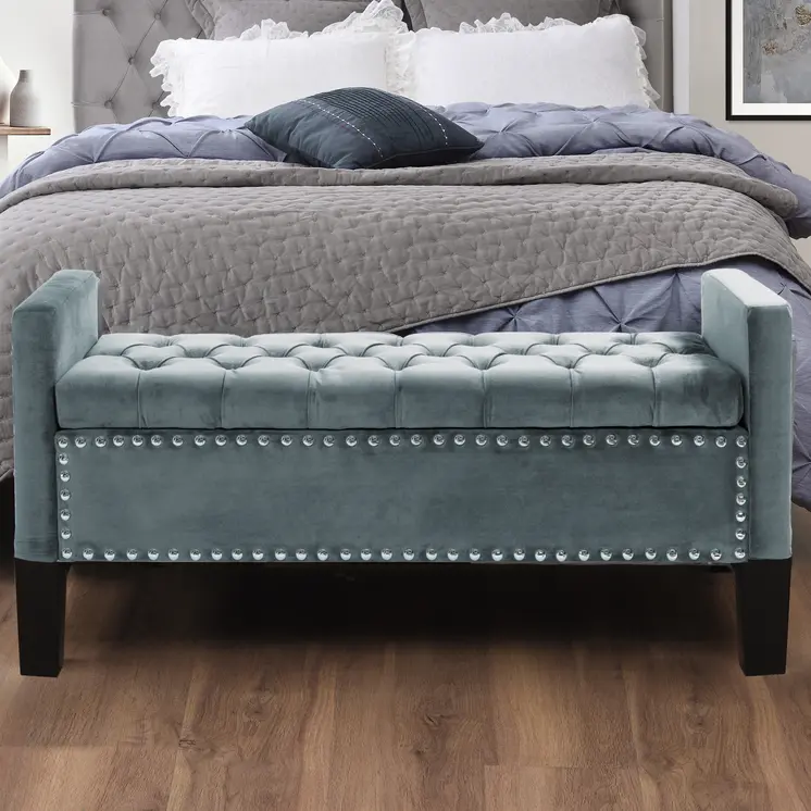 20" Slate Blue Upholstered Velvet Bench with Shoe Storage