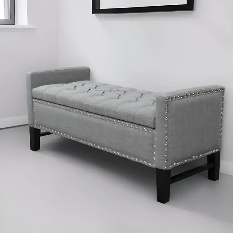 50" Light Gray and Black Upholstered Linen Bench with Flip top