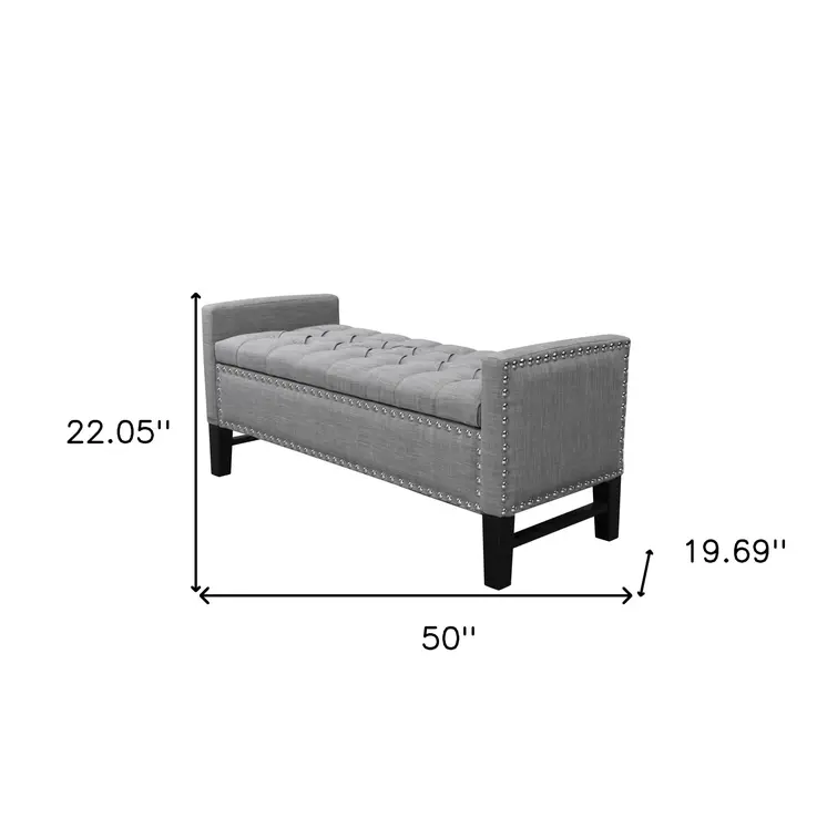 50" Light Gray and Black Upholstered Linen Bench with Flip top