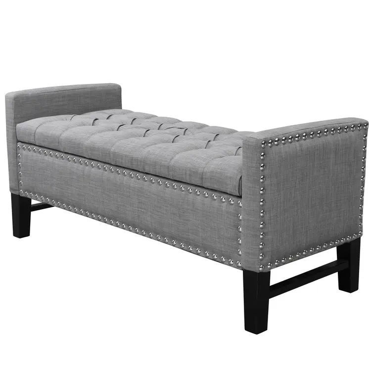 50" Light Gray and Black Upholstered Linen Bench with Flip top