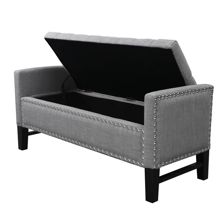 50" Light Gray and Black Upholstered Linen Bench with Flip top