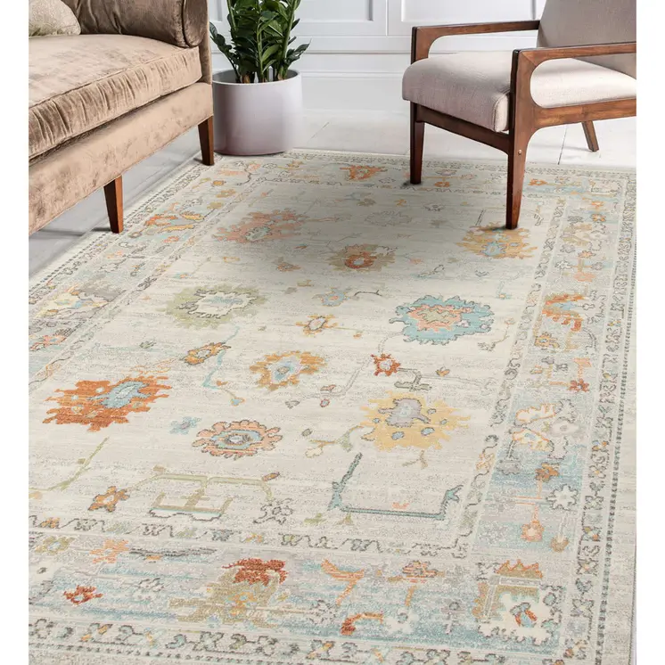 5' X 7' Blue and Orange Floral Stain Resistant Indoor Outdoor Area Rug