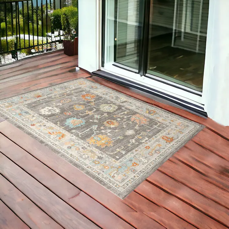 2' X 3' Gray and Orange Floral Stain Resistant Indoor Outdoor Area Rug