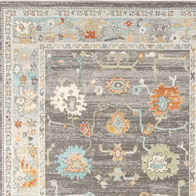 2' X 3' Gray and Orange Floral Stain Resistant Indoor Outdoor Area Rug