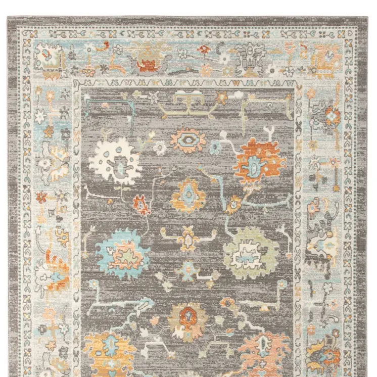 2' X 3' Gray and Orange Floral Stain Resistant Indoor Outdoor Area Rug