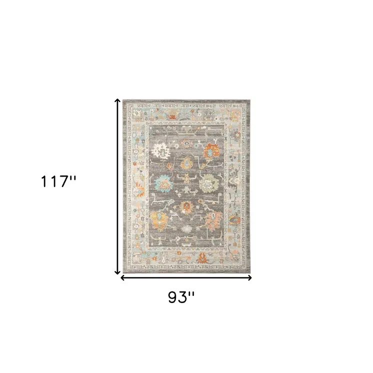8' X 10' Gray and Orange Floral Stain Resistant Indoor Outdoor Area Rug