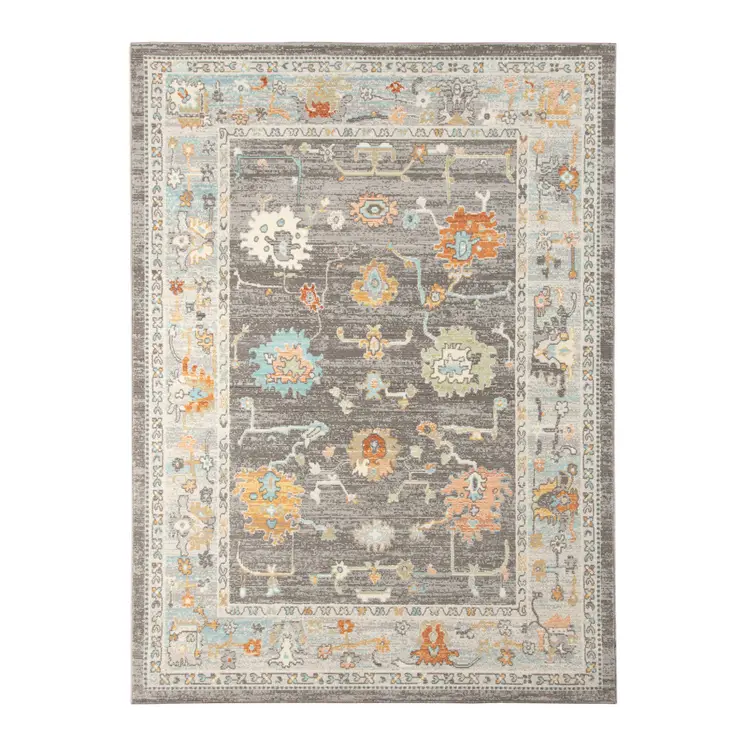 9' X 12' Gray and Orange Floral Stain Resistant Indoor Outdoor Area Rug