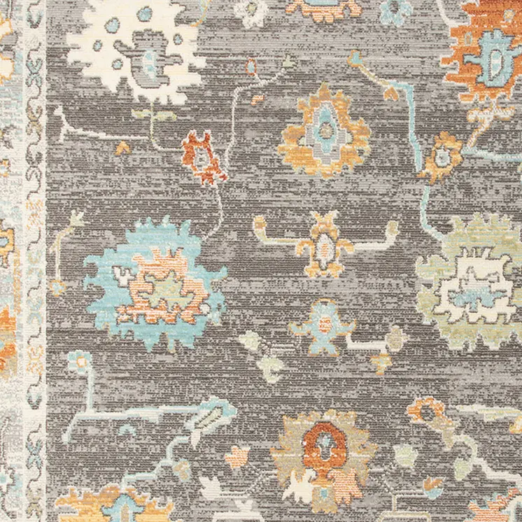 9' X 12' Gray and Orange Floral Stain Resistant Indoor Outdoor Area Rug