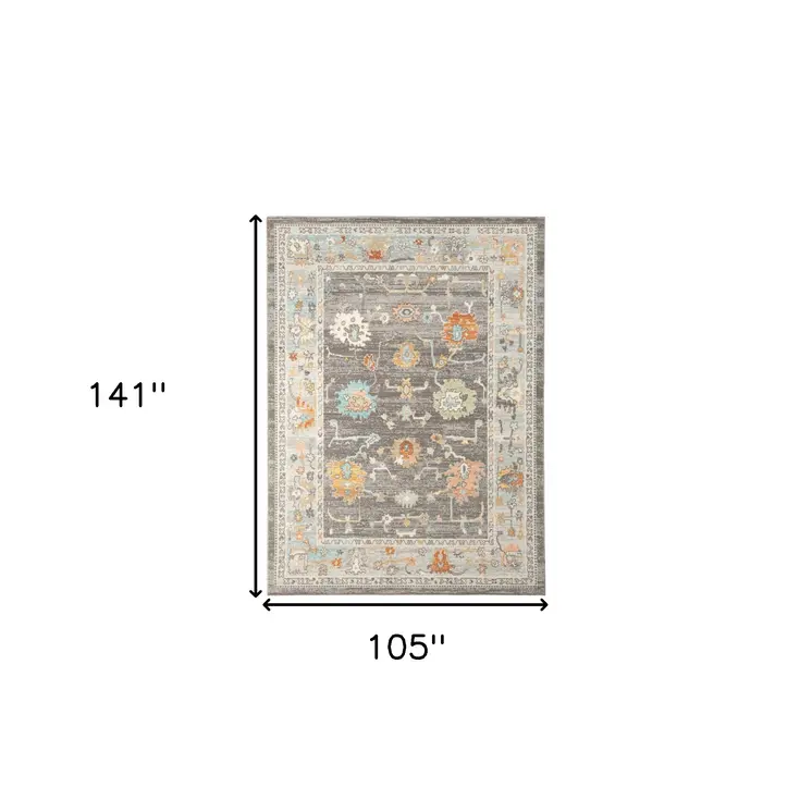 9' X 12' Gray and Orange Floral Stain Resistant Indoor Outdoor Area Rug