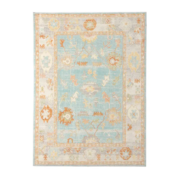9' X 12' Blue and Orange Floral Stain Resistant Indoor Outdoor Area Rug