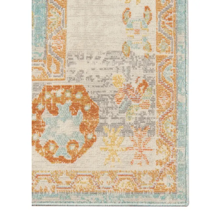 9' X 12' Blue and Orange Floral Stain Resistant Indoor Outdoor Area Rug