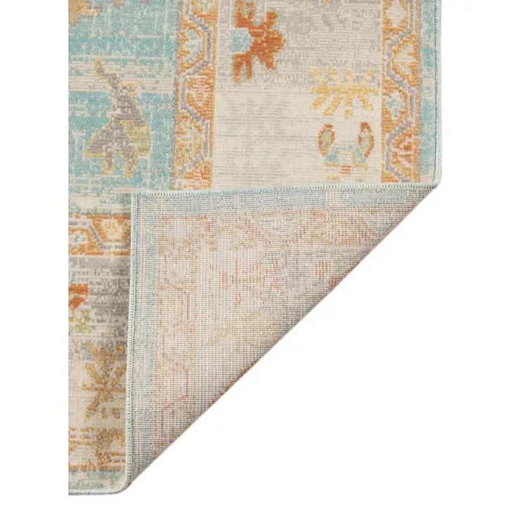 9' X 12' Blue and Orange Floral Stain Resistant Indoor Outdoor Area Rug