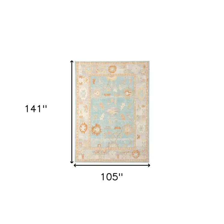 9' X 12' Blue and Orange Floral Stain Resistant Indoor Outdoor Area Rug