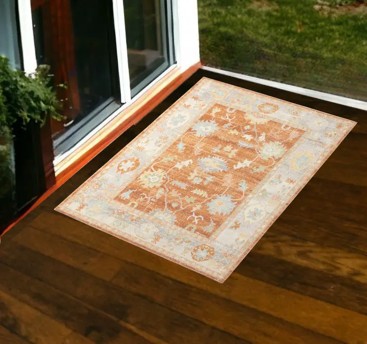 2' X 3' Blue and Orange Floral Stain Resistant Indoor Outdoor Area Rug