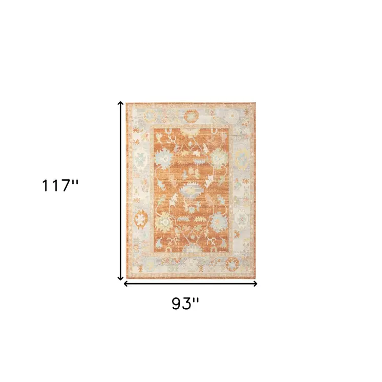 8' X 10' Blue and Orange Floral Stain Resistant Indoor Outdoor Area Rug