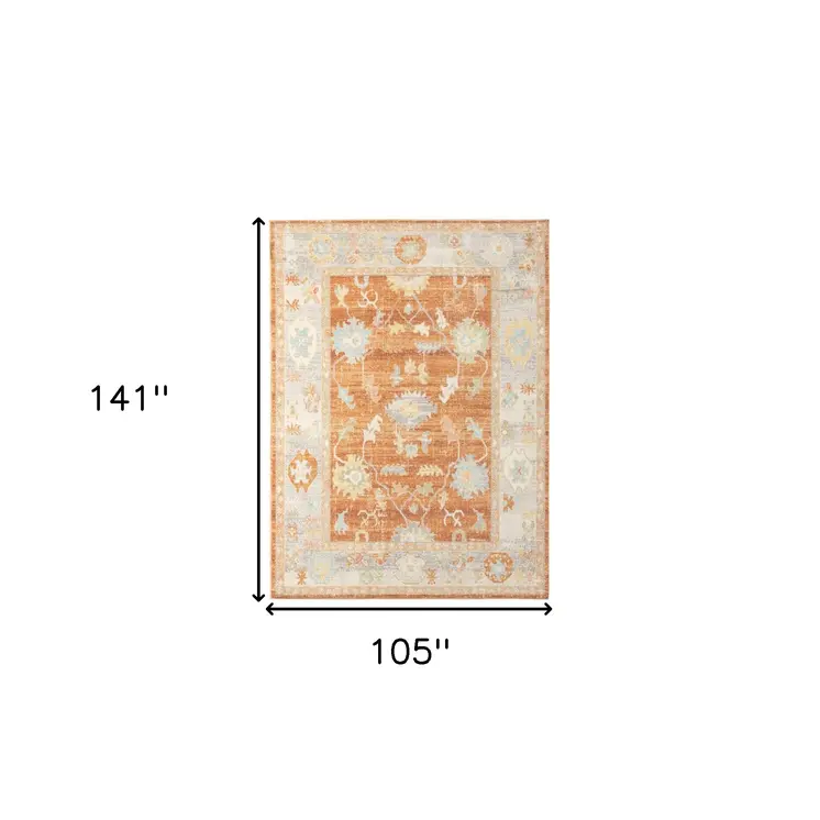 9' X 12' Blue and Orange Floral Stain Resistant Indoor Outdoor Area Rug
