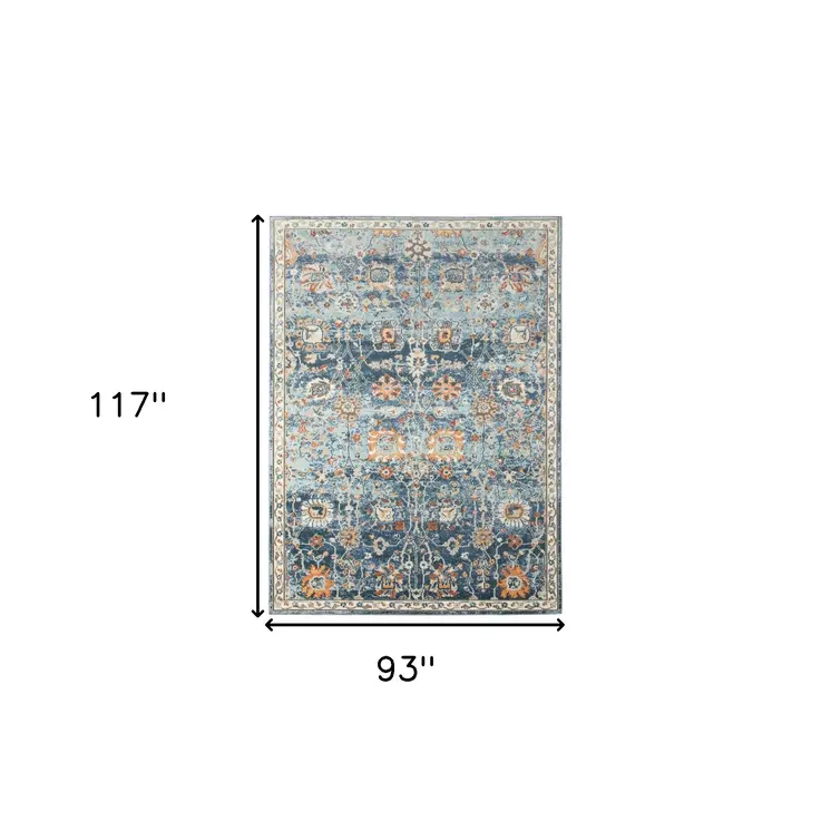 8' X 10' Blue and Orange Floral Stain Resistant Indoor Outdoor Area Rug