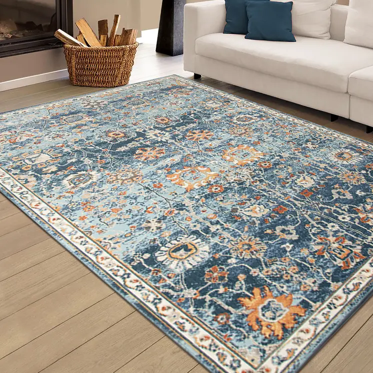 9' X 12' Blue and Orange Floral Stain Resistant Indoor Outdoor Area Rug