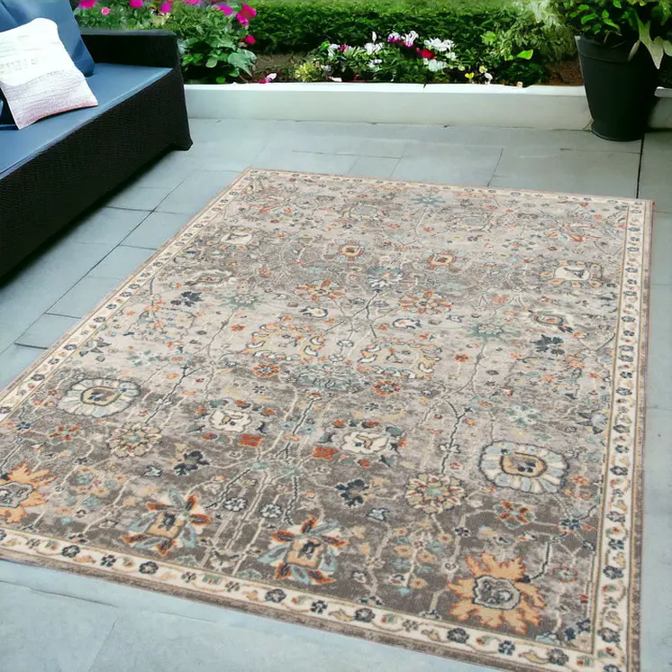 5' X 7' Blue and Orange Floral Stain Resistant Indoor Outdoor Area Rug