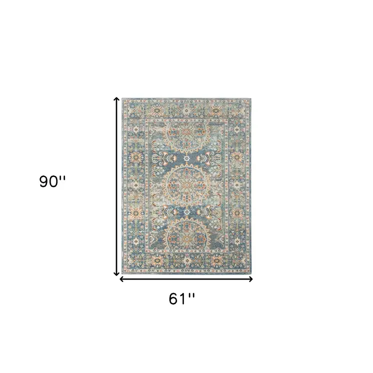5' X 7' Blue and Orange Floral Medallion Stain Resistant Indoor Outdoor Area Rug