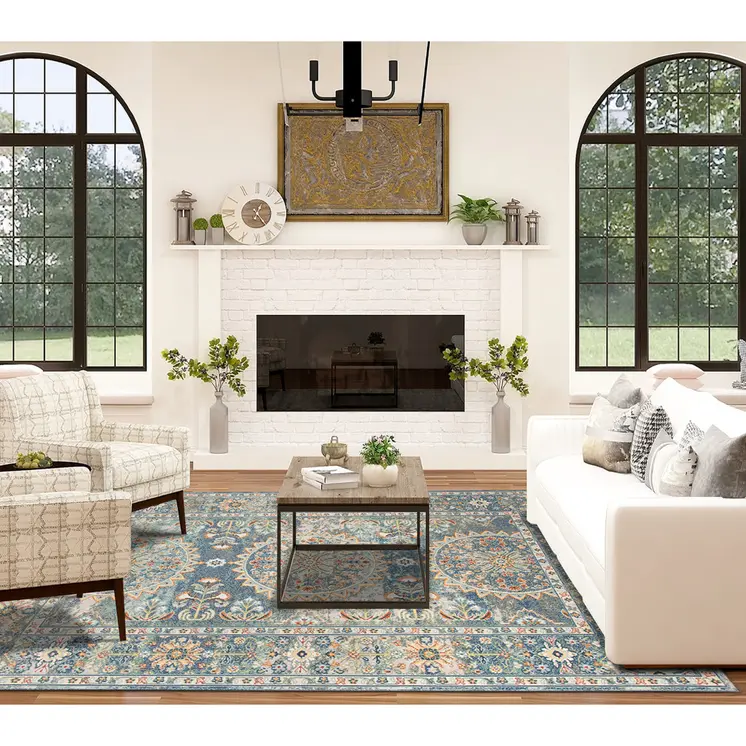 8' X 10' Blue and Orange Floral Medallion Stain Resistant Indoor Outdoor Area Rug