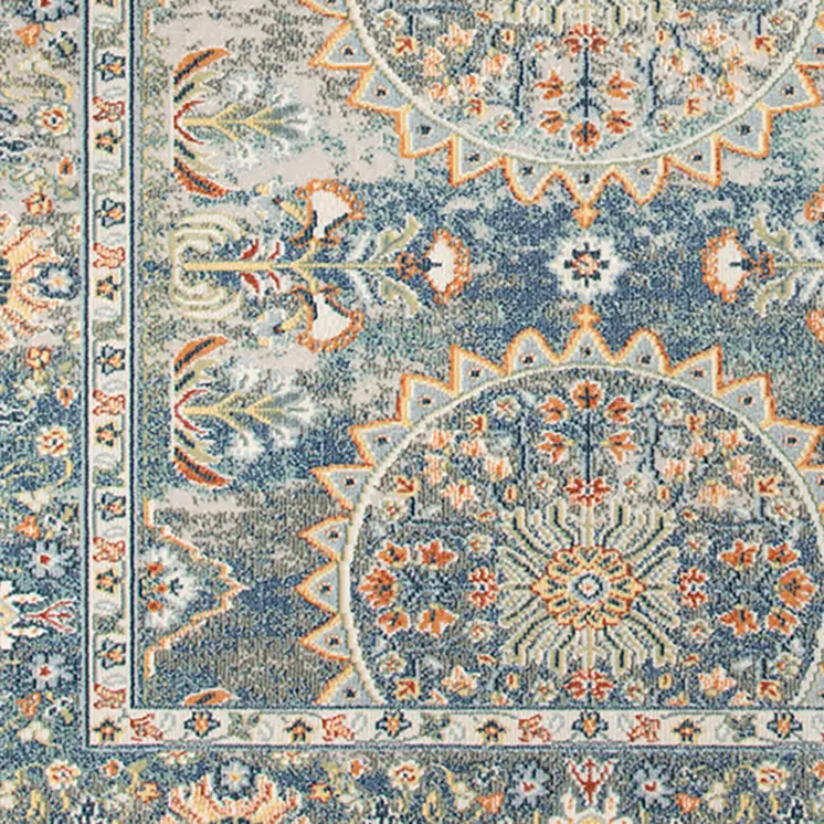 8' X 10' Blue and Orange Floral Medallion Stain Resistant Indoor Outdoor Area Rug
