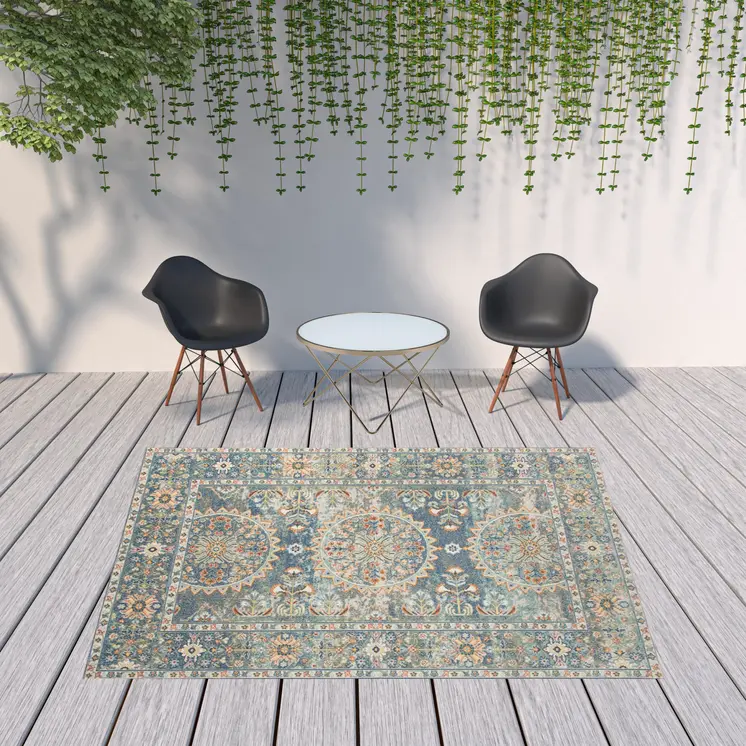 8' X 10' Blue and Orange Floral Medallion Stain Resistant Indoor Outdoor Area Rug