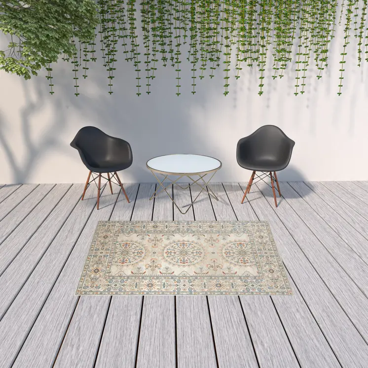 5' X 7' Blue and Orange Medallion Stain Resistant Indoor Outdoor Area Rug