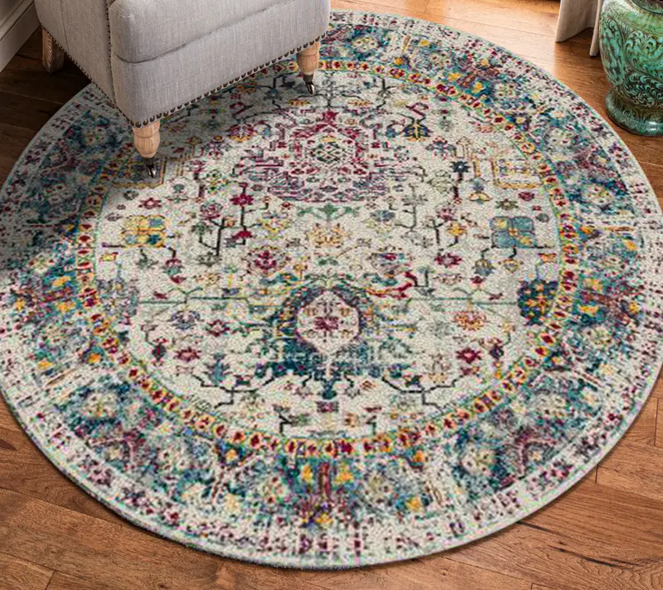 7' Gray Floral Power Loom Round Rug