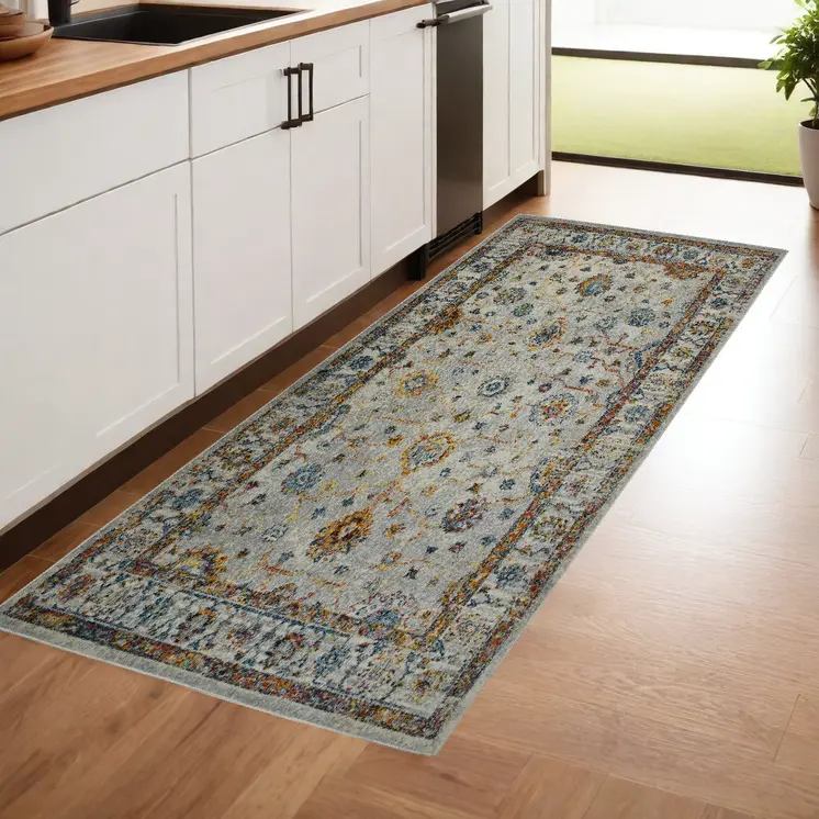 8' Orange and Ivory Floral Power Loom Runner Rug