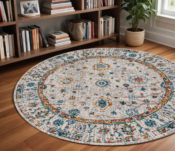 7' Orange and Ivory Floral Power Loom Round Rug