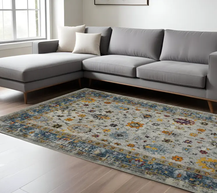 8' X 11' Blue and Orange Floral Power Loom Area Rug