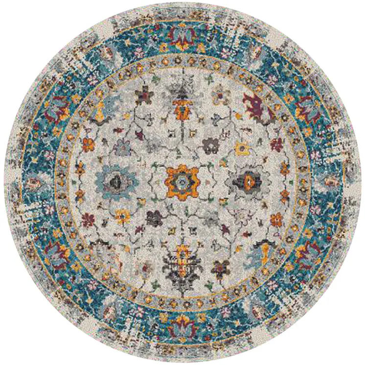 7' Blue and Orange Floral Power Loom Round Rug