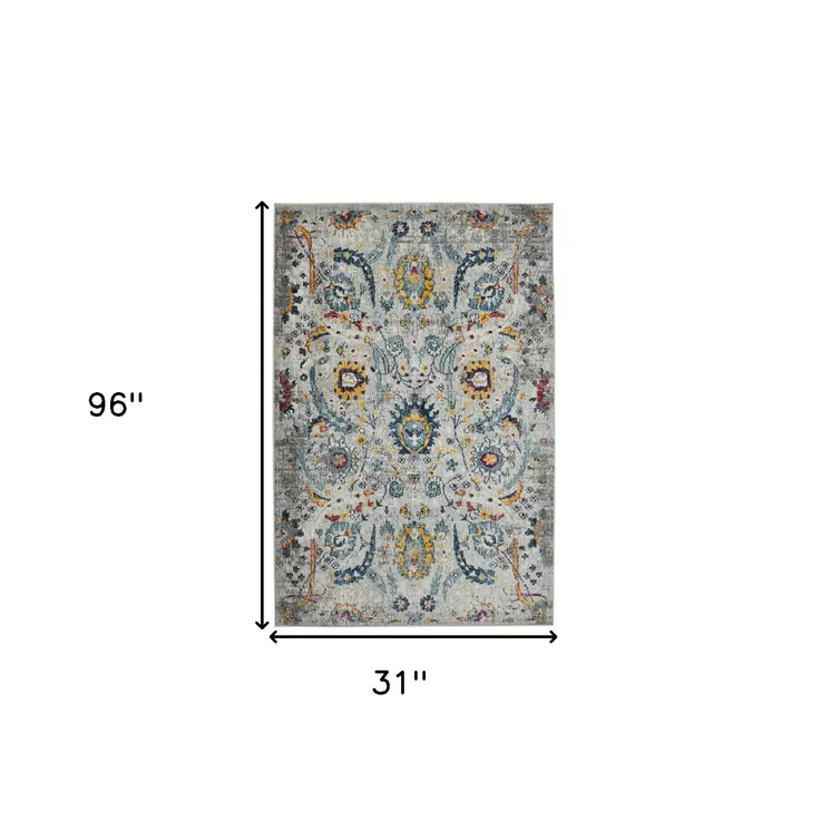 8' Orange and Ivory Floral Power Loom Runner Rug