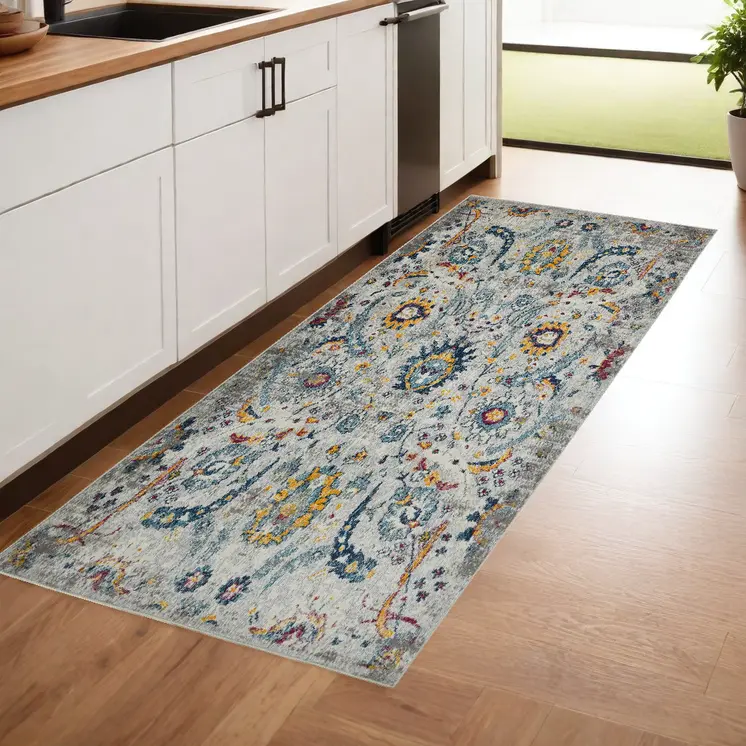 8' Orange and Ivory Floral Power Loom Runner Rug