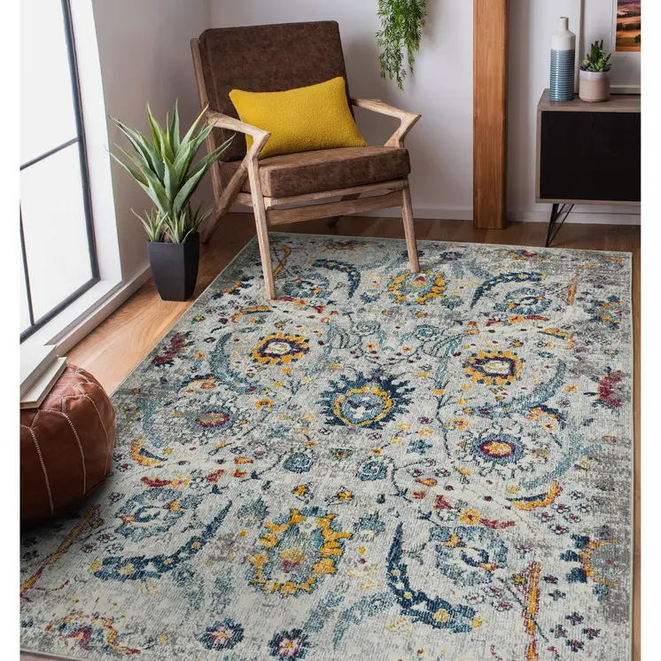 8' X 11' Orange and Ivory Floral Power Loom Area Rug