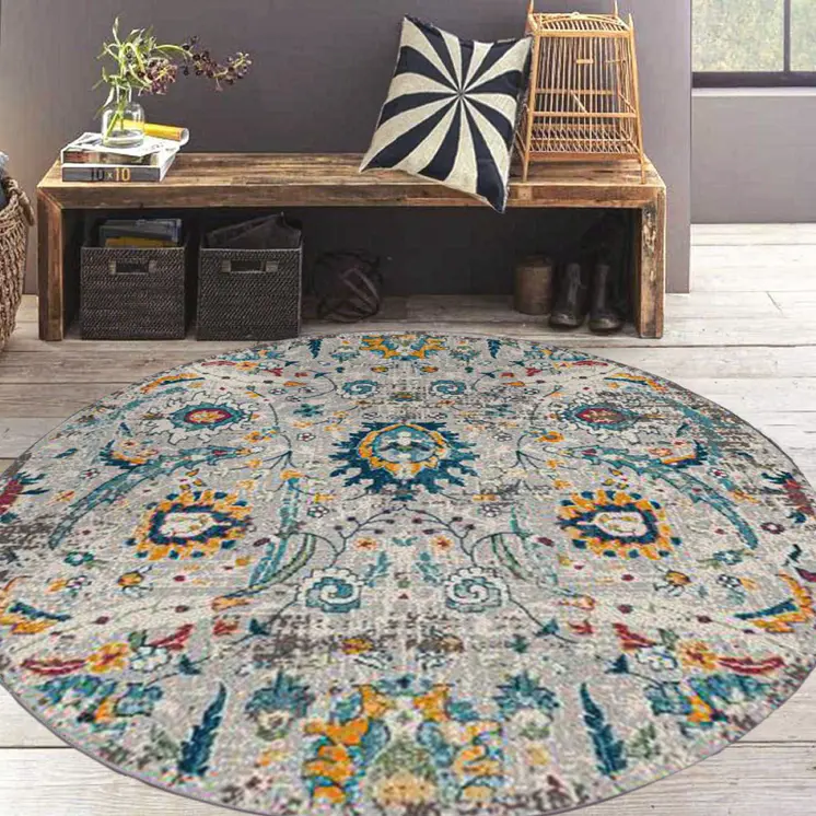 7' Orange and Ivory Floral Power Loom Round Rug