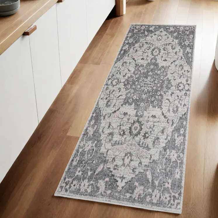 8' Gray Medallion Power Loom Runner Rug
